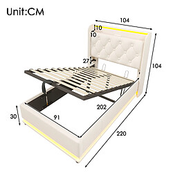 Acheter KOMHTOM Lit simple 90x200 cm, LED 360, télécommande, coffre hydraulique, USB-C, blanc