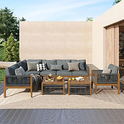KOMHTOM Canapé salon jardin acacia 7-8 places, corde tressée, coussins lavables, 2 tables gris