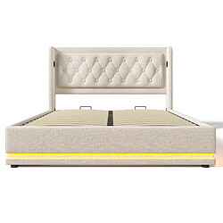 KOMHTOM Lit double 140x200 cm avec matelas, rangement hydraulique, LED 3 côtés, USB-C, beige pas cher