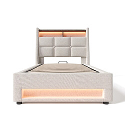 KOMHTOM Lit simple 90x200 cm,LED multicolore,télécommande,USB,matelas,rangement hydraulique,beige pas cher