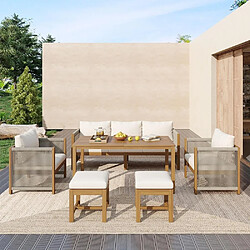 KOMHTOM Ensemble repas jardin 7 places, canapé 3 places, fauteuils, table acacia,bois massif beige