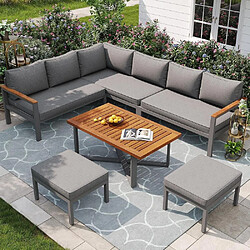 Avis KOMHTOM Salon de jardin 7-8 places, 3 canapés doubles, 2 fauteuils, table bois, gris foncé