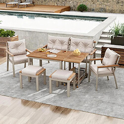 KOMHTOM Ensemble Jardin 7 Places Table Canapé 2P 2 Chaises 2 Tabourets Chariot Acacia Acier Beige