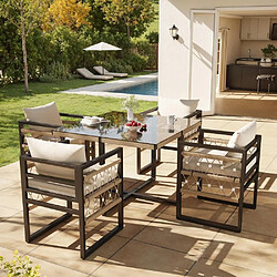 KOMHTOM Salon de jardin 4 places acier, 4 fauteuils coussins beige, table verre sécurité gris