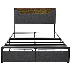KOMHTOM Lit Double 140x200 cm LED USB-C Tête Rangement 2 Tiroirs Cadre Métal 200 kg Gris pas cher