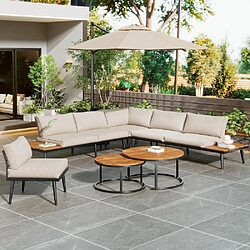 KOMHTOM Ensemble Jardin 6P Galvanisé Acacia, 2 Canapés 2P + 2 Fauteuils + 2 Tables, Coussins Beige