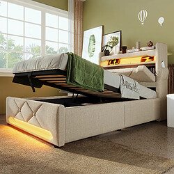 Avis KOMHTOM Lit 90x200 cm avec matelas, tête-lit USB-C, LED 360°, coffre hydraulique, beige