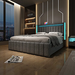 Avis KOMHTOM Lit Rembourré 140x200cm, LED RGB, USB, Type-C, 4 tiroirs, tête multifonction, gris