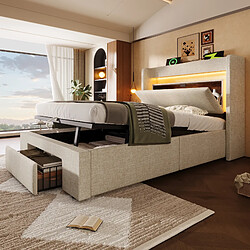 Avis KOMHTOM Lit coffre 90x200 avec matelas, tête LED, ports USB, rangement hydraulique, beige