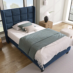 Avis KOMHTOM Lit simple 90x200 cm, tête haute, sommier acier inclus, pieds noirs, bleu lin