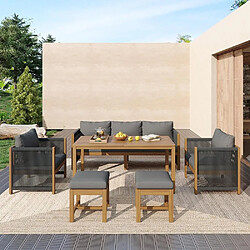 KOMHTOM Ensemble jardin 7 places canapé 3 fauteuils 2 poufs table acacia bois massif gris