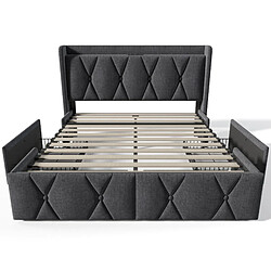 KOMHTOM Lit double 140x200 cm avec matelas, 4 tiroirs, USB, prise, tête rembourrée, lin, gris pas cher
