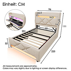 Acheter KOMHTOM Lit simple 90x200 cm avec LED 360°, rangement hydraulique, ports USB-C, lin beige