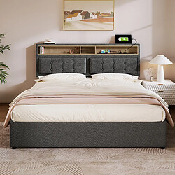 KOMHTOM Lit double 160x200 cm, tête réglable, ports USB-C, rangement hydraulique, matelas, Gris