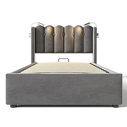 KOMHTOM Lit simple 90x200 cm velours gris, tête hydraulique, rangement, lampe USB, matelas pas cher