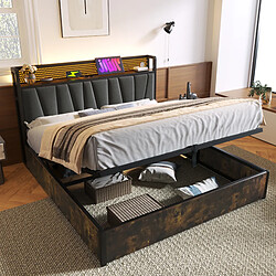 KOMHTOM Lit double 140x200 LED RGBW App, tête de lit USB, sommier bois, rangement gaz,gris,matelas