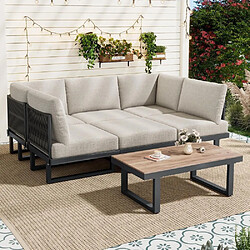 KOMHTOM Canapé angle lit jardin, table basse verre, corde tressée, acier, coussins gris