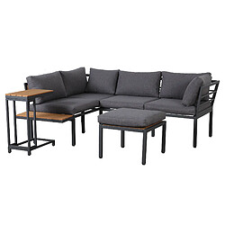 KOMHTOM Salon de jardin angle canapé, table basse ottoman, acier galvanisé, WPC gris noir pas cher