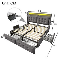 Acheter KOMHTOM Lit Polsterbett 140x200 cm, matelas, tête LED USB-C, 4 tiroirs, coton, 300kg, gris