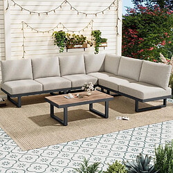 KOMHTOM Canapé angle lit jardin, table basse verre, corde tressée, acier, coussins gris