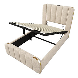 KOMHTOM Lit simple 90x200 cm, tête de lit dorée, USB-C, rangement hydraulique, lin beige pas cher