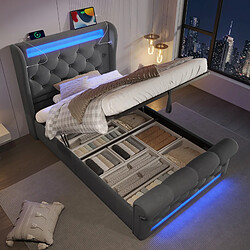 Avis KOMHTOM Lit simple capitonné 90x200cm,LED 360°,rangement USB-C,hydraulique velours,matelas,gris