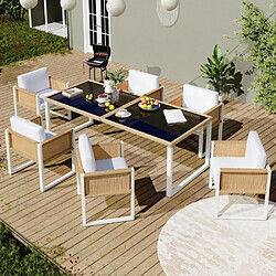 KOMHTOM Table Jardin Verre Trempé 6 Pers, 6 Chaises Corde Tressée, Coussins 8.5cm, Blanc