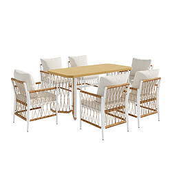 KOMHTOM Ensemble repas jardin 7 pièces, table longue, 6 chaises tressées, fer blanc et bois pas cher