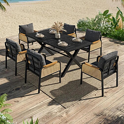 KOMHTOM Ensemble Jardin 7 pièces table + 6 chaises fer, rotin tressé, coussins inclus, noir