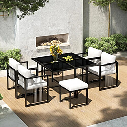 KOMHTOM Ensemble jardin 7 pièces 6 places,table verre trempé fer,4 chaises 2 tabourets corde,noir