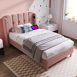 Avis KOMHTOM Lit simple 90x200 cm avec matelas, tête rembourrée lin, USB-C, sommier lattes, rose