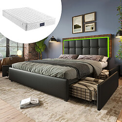 KOMHTOM Lit capitonné 160x200cm, LED, 4 tiroirs, tête ajustable, PU, rangement, robuste, noir