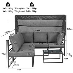 Acheter KOMHTOM Ensemble jardin fer galvanisé 4 pièces, canapé 3 places, 2 fauteuils, table basse gris