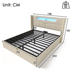 Acheter KOMHTOM Lit double 140x200cm avec matelas 620 ressorts, coffre, LED RGB, USB-C, lin beige