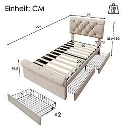 Acheter KOMHTOM Lit Simple 90x200 cm, Lin, 2 Tiroirs, Tête Réglable, Chesterfield, Boutons, Naturel