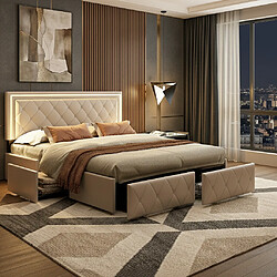 MEXUS Lit double 140x200 cm avec rangement, LED intégrée, 4 tiroirs, PU, blanc