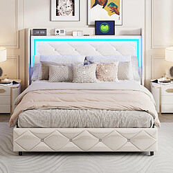 Lit rembourré - Superaly - 140x200cm - avec USB et LED - blanc