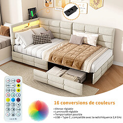 Acheter Canapé-lit - Superaly-90×200cm-Avec 2 tiroirs-éclairage LED et port USB-Base à lattes-beige