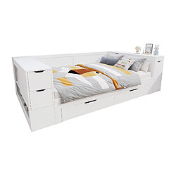 DZMDIP Lit double 140x190, 2 personnes, multifonction, tiroirs, étagères, structure solide blanc