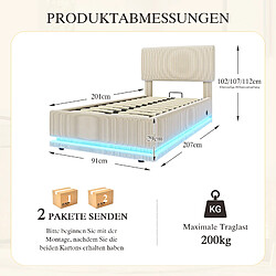DZMDIP Lit simple 90x200 avec rangement - Tête ajustable, LED, USB-C, rangement sous lit - Beige pas cher