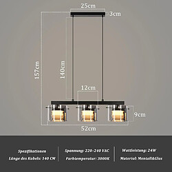NETTLIFE Suspension LED Verre 3 Lampes Moderne Réglable 140cm Table Salon