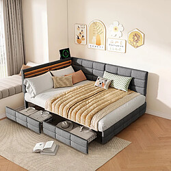 Lit rembourré-Superaly-140×200cm-Avec 2 tiroirs-éclairage LED - port USB-Base à lattes-gris