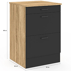 Idmarket Meuble bas de cuisine 60 cm SUBTIL appoint casserolier 3 tiroirs bois et noir pas cher