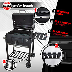 Avis Elem Garden Technic Barbecue charbon de bois avec roues et thermomètre, surface de cuisson 55x41.6cm