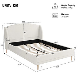 DZMDIP Lit 2 personnes 140x190 - Sommier, lit rembourré, tête wingback incurvée - Blanc ivoire pas cher