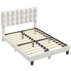 Lit 140x190 havenlyhome – velours beige capitonné, tête + sommier lattes