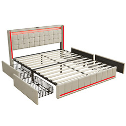 Lit rembourré - Superaly - 140x190cm - avec LED et USB - beige pas cher