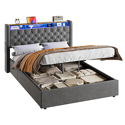 WISHDOR Lit 140x190 Cm - Rangement Et Prise - Velours