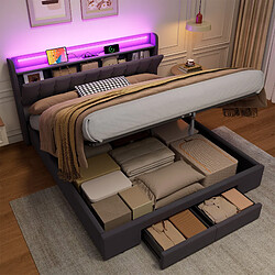 Avis OKWISH Lit 180x200 cm Gris - Lit Coffre USB LED 215.5 x 181 x 106 cm, Velours Métal Bois
