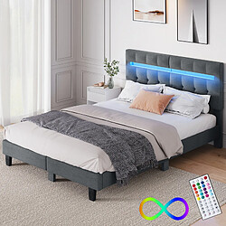 HavenlyHome Lit 140x190 cm lin avec tête de lit LED + sommier lattes, gris